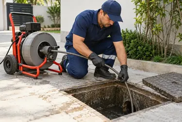 Equipe de desentupimento trabalhando em uma rede de esgoto.