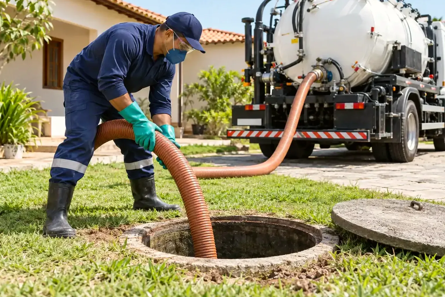 Equipe fazendo a limpeza de uma fossa séptica com caminhão de aspiração.
