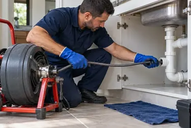 Profissionais inspeccionando tubulações durante o desentupimento.