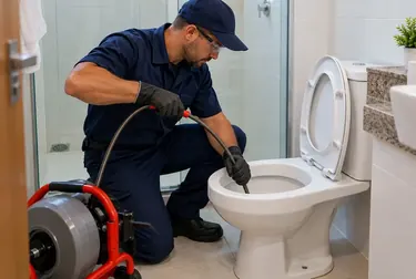 Profissionais trabalhando no desentupimento de um vaso sanitário.