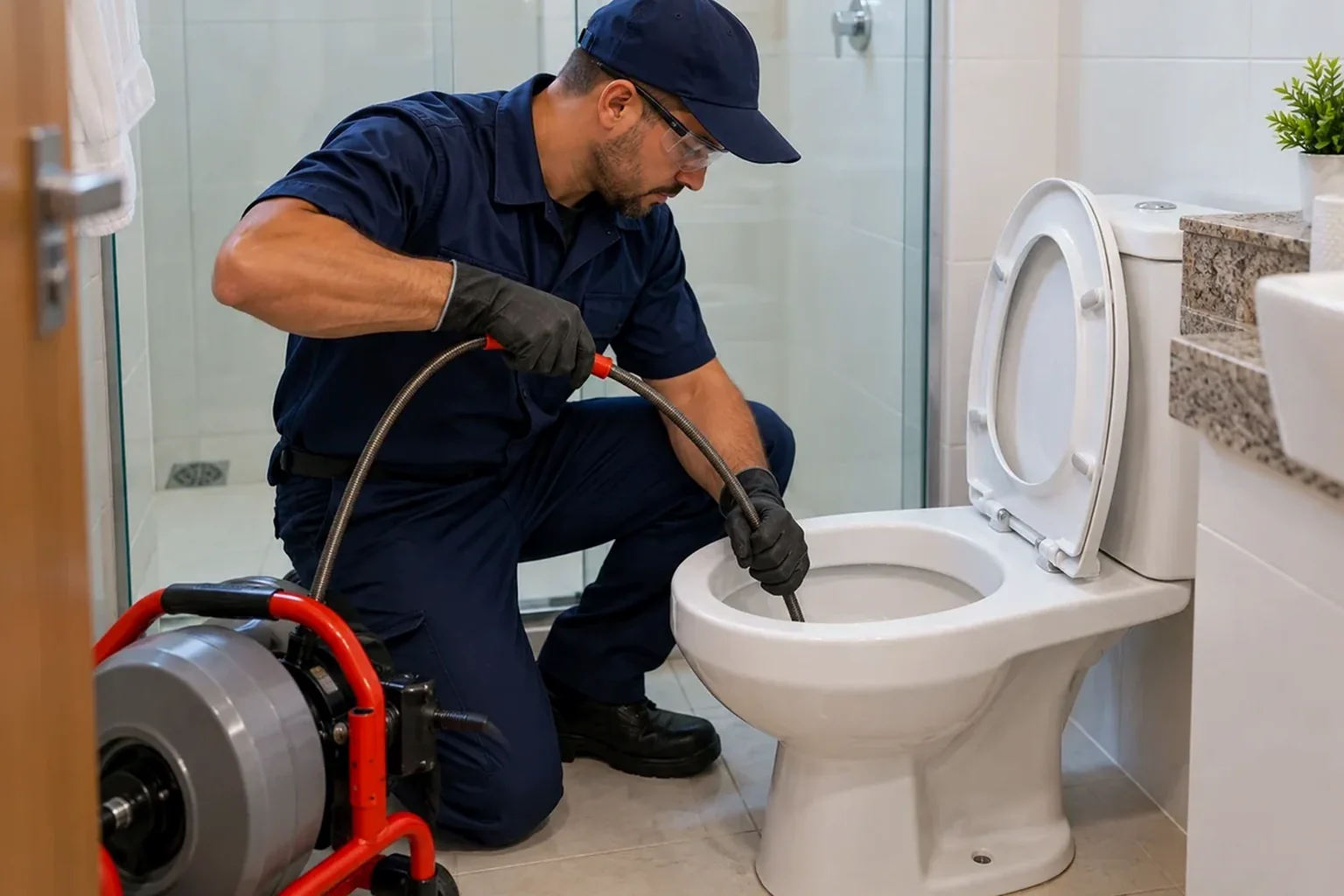 Profissionais trabalhando no desentupimento de um vaso sanitário.