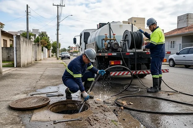 Profissionais usando hidrojateamento em tubos.