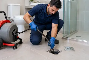 Técnicos desentupindo um ralo de banheiro utilizando hidrojateamento.