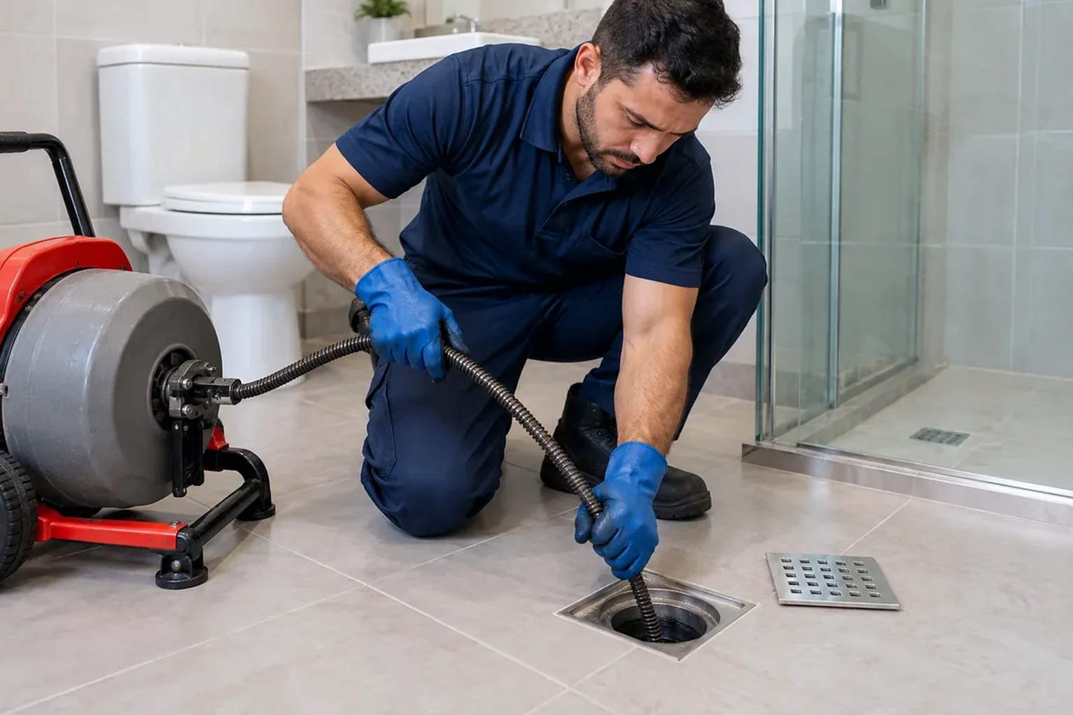 Técnicos desentupindo um ralo de banheiro utilizando hidrojateamento.