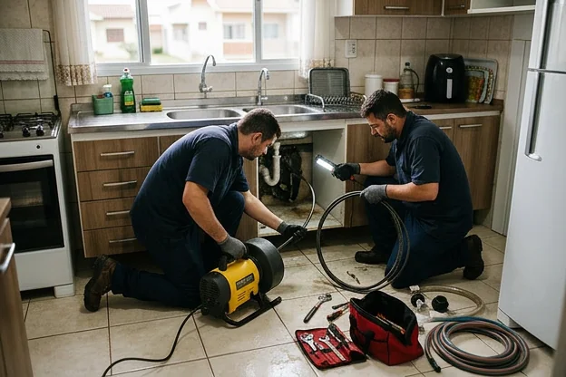 Técnicos em ação, desentupindo um cano de forma rápida.