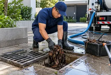 Técnicos trabalhando no desentupimento de uma rede pluvial.