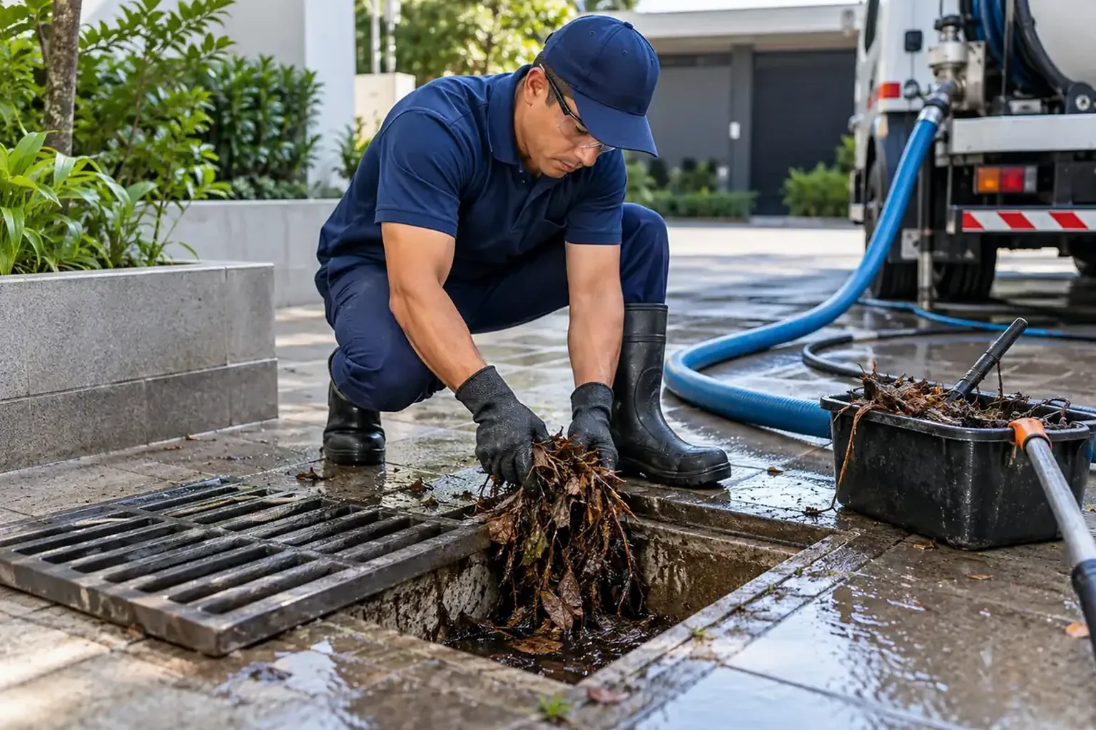 Técnicos trabalhando no desentupimento de uma rede pluvial.
