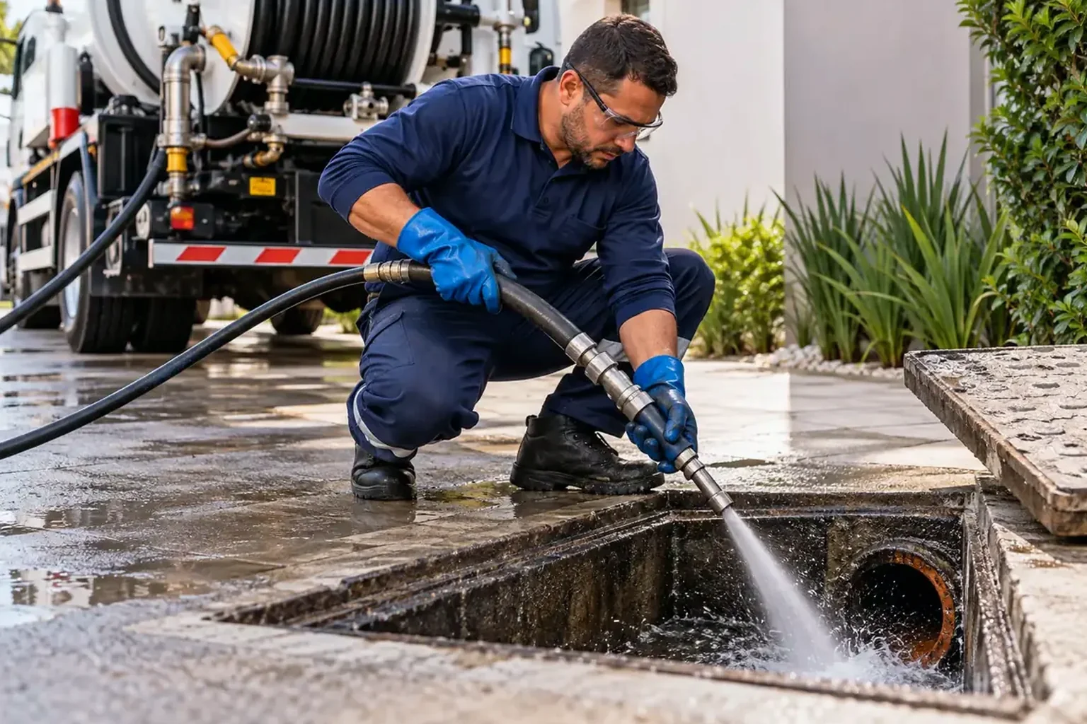 Técnicos utilizando equipamento de hidrojateamento em ação.